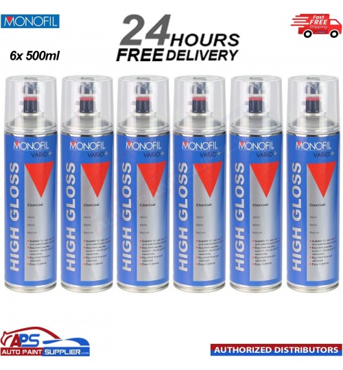 6x MONOFIL VARIO+ HIGH GLOSS CLEARCOAT FINISH LACQUER SPRAY CLEAR Aerosol 500ml
